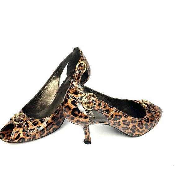Stuart Weitzman Patent Leather Leopard Animal Print Peep Toe Pumps 6 1/2 - Picture 4 of 15